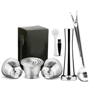 

High Quality For Nespresso Machine Coffee Capsules Set Reusable+Tamper+Spoon+Side Brush Tool Part Kit
