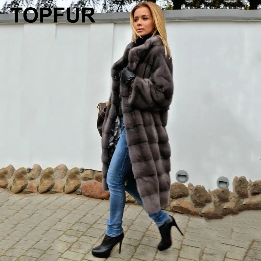 TOPFUR модное женское пальто из натурального меха, темно-серое пальто, зимняя одежда с длинными рукавами, длинная шуба из натуральной норки с меховым воротником