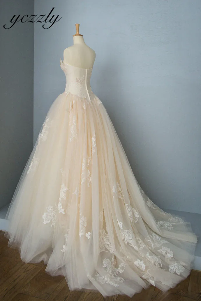 Vestido De Novia Великолепное вечернее платье без бретелей принцесса свадебное платье цвета шампань плюс размер длинное кружевное платье с аппликацией для невесты W33