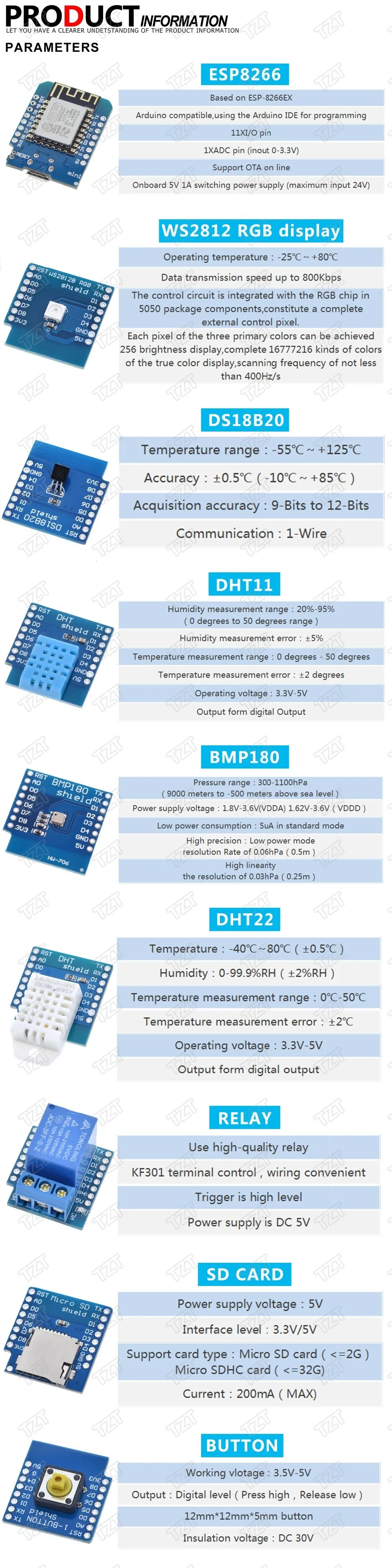 Esp8266 D1 Mini Pro Wifi макетная плата Nodeu Ws2812 Rgb Dht11 Dht22 Am2302 реле Ds18b20 Bmp180 мотор для Wemos Diy Kit