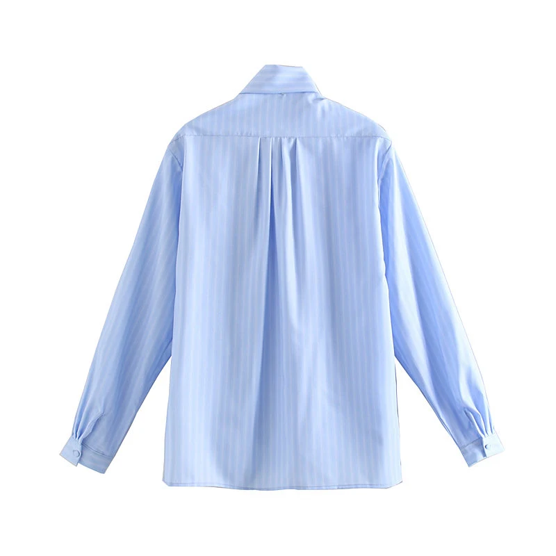 Za галстук-бабочка небесно-голубая рубашка с длинным рукавом Женская Повседневная офисная одежда в полоску элегантные женские топы и блузки