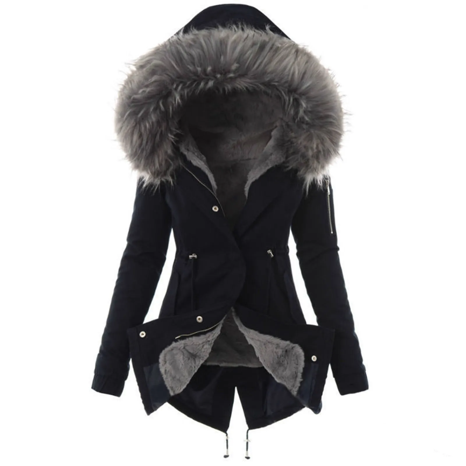 New Fashion Women Hooded Faux Fur Coat Plus Size Ladies Fur Lining Coat Womens Winter Warm Thick Long Jackets Hooded Overcoat 2