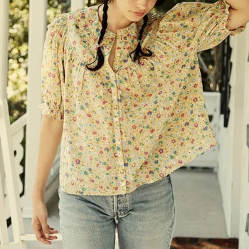 

Retro yellow floral puff sleeve women shirt tops peter pan collar Single Breasted casual wild lady shirt spring summer new