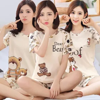 

Manufacturers Wholesale Women's Cartoon printing Sleepwear Female New Casual Short sleeve Pajamas Set Summer Thin home clothing