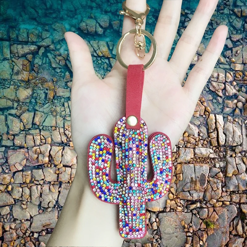 Cute Cactus Shiny Keychain Red Color Rhinestone Tassel Key Chain Keychains For Women Car Bag Accessories Pendant Simple Key Ring