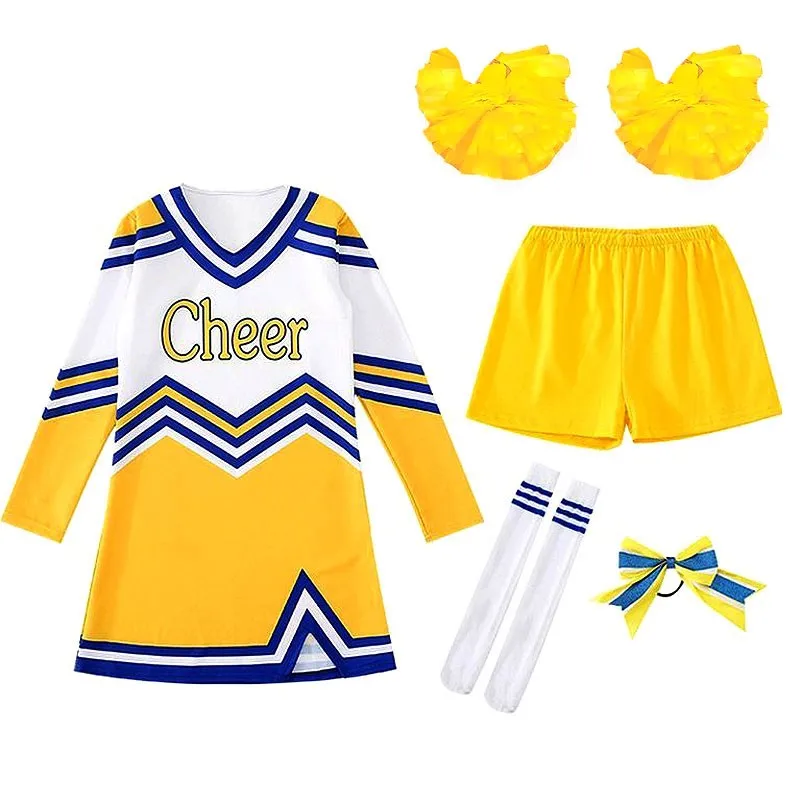 Girls Women Cosplay Costume Cheerleader Outfits V Neckline Letter Print Patchwork Style Dance Dress Cheerlead pompoms Socks
