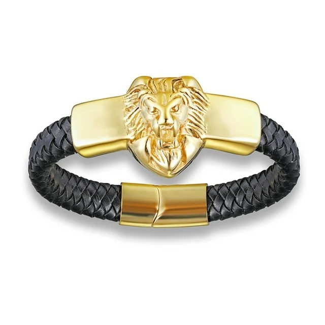Domineering Alloy Lion Head Bracelet Men Stainless Steel Gold Color Franco Link Chain Biker Bracelet Men A14629-Gold-23cm
