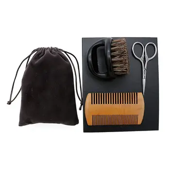 

3Pcs Wooden Beard Comb and Natural Bristles Brush with Scissors Set for Men Care and Trimming
