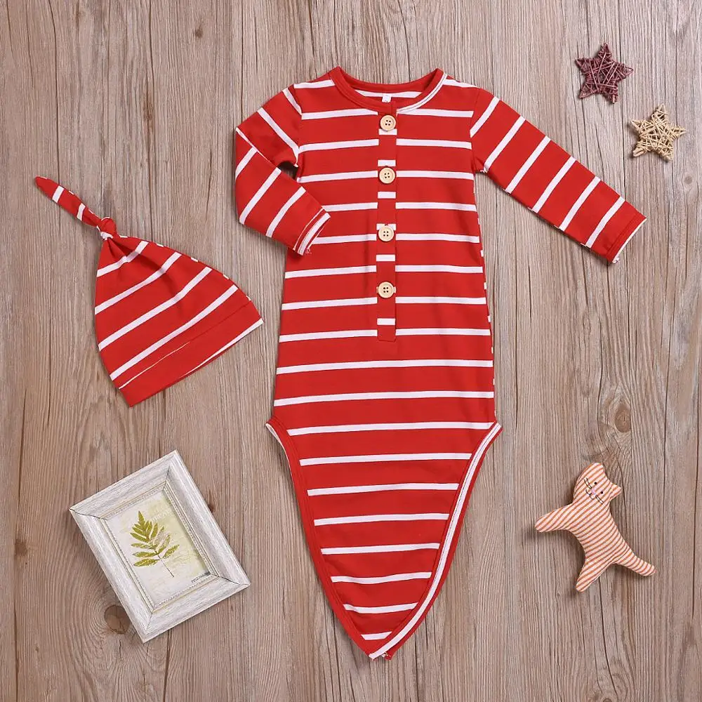 Красные Полосатые пижамы для новорожденных мальчиков и девочек, одежда, одеяло, постельные принадлежности для сна