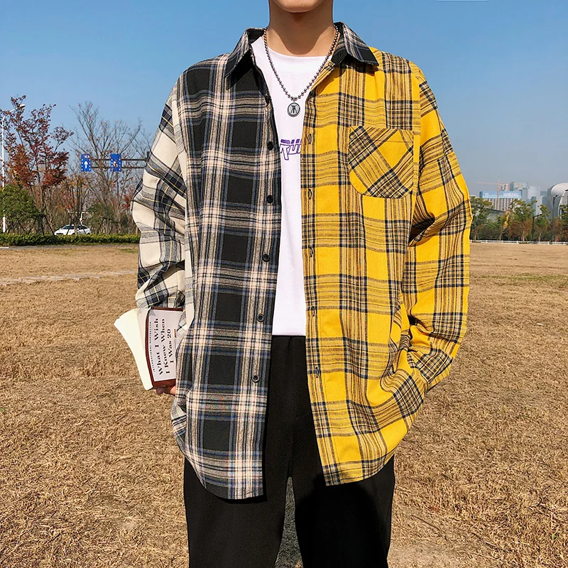 Plaid Contrast Colour Casual Loose Shirt Fashion Patchwork Long Sleeve Casual Shirt Hip Hop Street Clothing Men's long sleeve shirt,men casual shirt