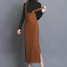 Длинная облегающая юбка на подтяжках, Женская юбка с высокой талией и двумя лямками на плече, повседневный комбинезон, осенне-зимняя шерстяная юбка-карандаш для женщин