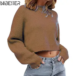 NIBESSER осень зима женские свитера с завышенной талией топы О-образный вырез трикотаж свободные пуловеры вязаная рубашка Pull Femme однотонные