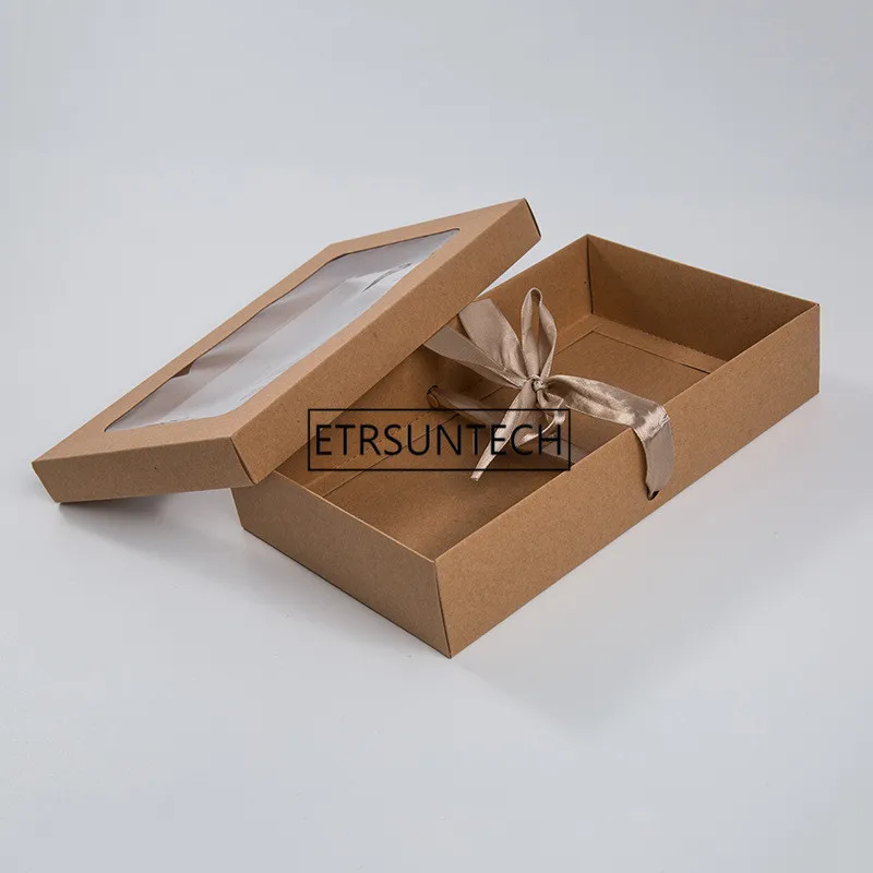 

200Pcs/lot 27x16x6cm Large Kraft Paper Gift Package Display Box With Clear Pvc Window Candy Favors Package Box With Silk Ribbon