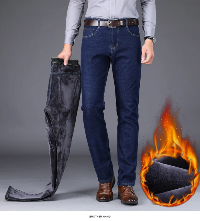 CHOLYL Зимние новые мужские теплые облегающие джинсы деловые Модные Плотные Джинсовые Брюки флисовые эластичные брендовые штаны черные синие