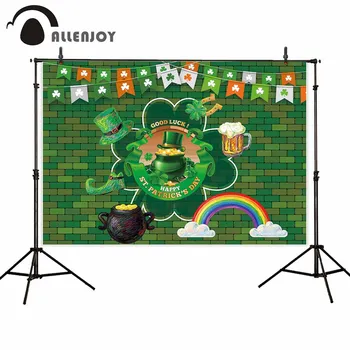 

Allenjoy St Patrick's Day Party Curtain Green Brick Wall Flag Rainbow Hat Beer Leaves Backdrop Festival Celebrate Event Supplies