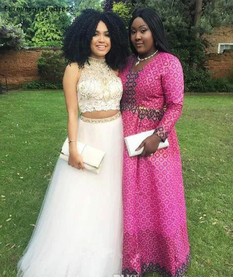 2k17 New Two Pieces Prom Dresses High Neck Lace Beaded Backless Crystals Tulle A-line Evening Party Gowns  128 (5)