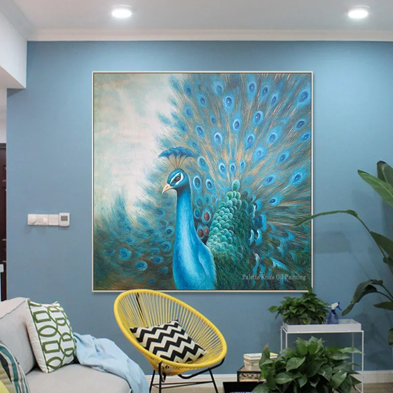 Original peacock decoration painting hand painted canvas oil painting animal blue wall art Home office decor cuadros abstractos