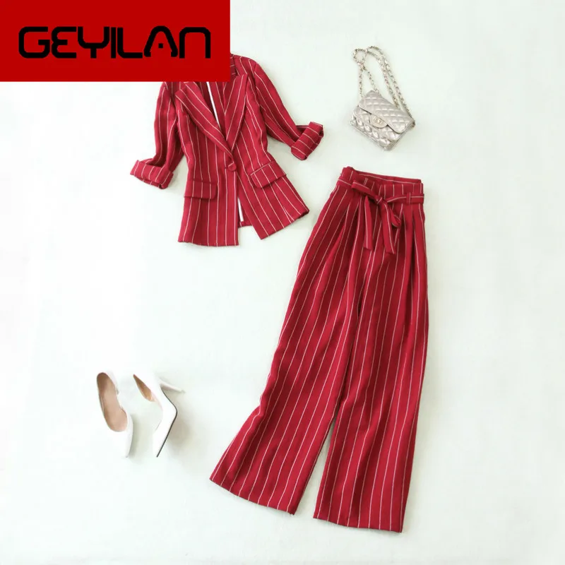 

Set female spring and summer new large size stripes 7 points sleeves suit jacket wide leg pants two sets of temperament women's
