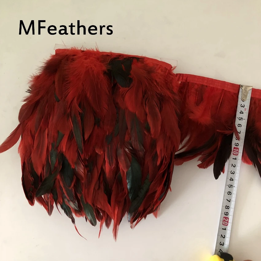 MFeathers цена 5 метров фиолетовое куриное перо полоски 10-15 см 4-6 дюймов Высота петуха Coque перья планки прополка карнавалов - Цвет: red