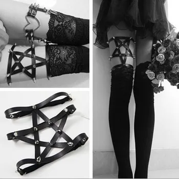 

Sexy gothic Garters PU Leather Harajuku Handmade pentagram Garters Pentagram Studded Punk Rock Leg Garter Star harness Belt