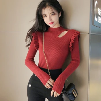 

Spring Autumn Sweater Women Hollow Out Ruffles Slim Pullover Long Sleeve Stretchy Knitted Jumper Tops Jacket Burgundy M9N297