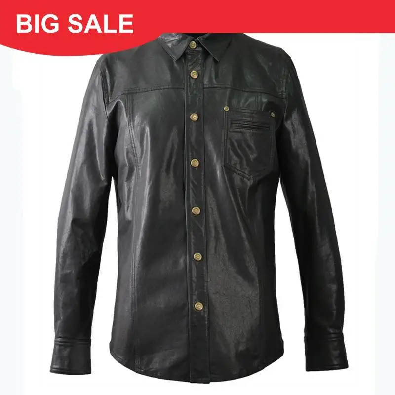 

2020 Black Men Fashion Casual Leather Shirt Single Breasted Plus Size XXXXL Genuine Thin Sheepskin Natural Coat FREE SHIPPING