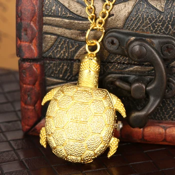 

Luxury Golden Little Cute Tortoise Model Pocket Watch Concise Arabic Numerals Dial FOB Quartz Watches Slim Chain Pendant Clock