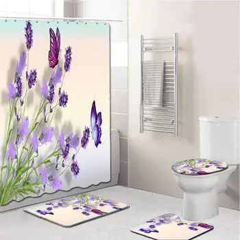 

4Pcs/Set Elegant Flowers Pattern Shower Curtain Mat Set Non Slip Rugs Carpet for Bathroom Toilet Bath