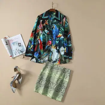 

Spring 2020 for European and American women's wear Long-sleeved parrot print shirt Snakeskin printed skirt Fashion suits