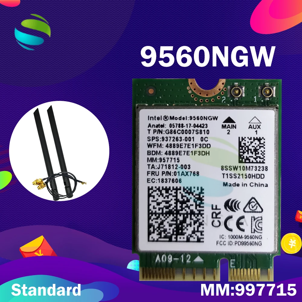 Wifi карта для Intel Dual Band AC 9560 9560NGW 9560AC мм: 957715 1 73 Гбит/с NGFF ключ E 80211ac BT5.0 Windows 10|Сетевые