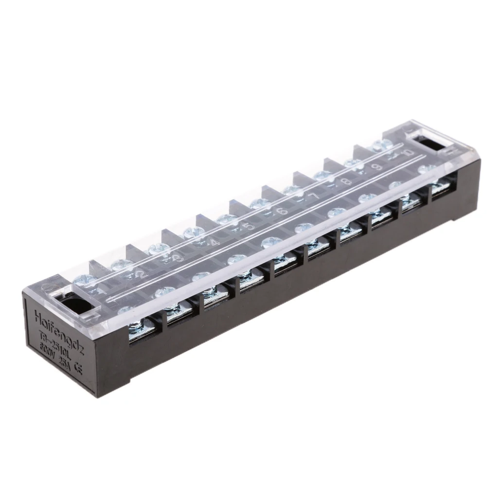 10 Position Screw Barrier Strip Terminal Block With Cover 25A Panel Mount