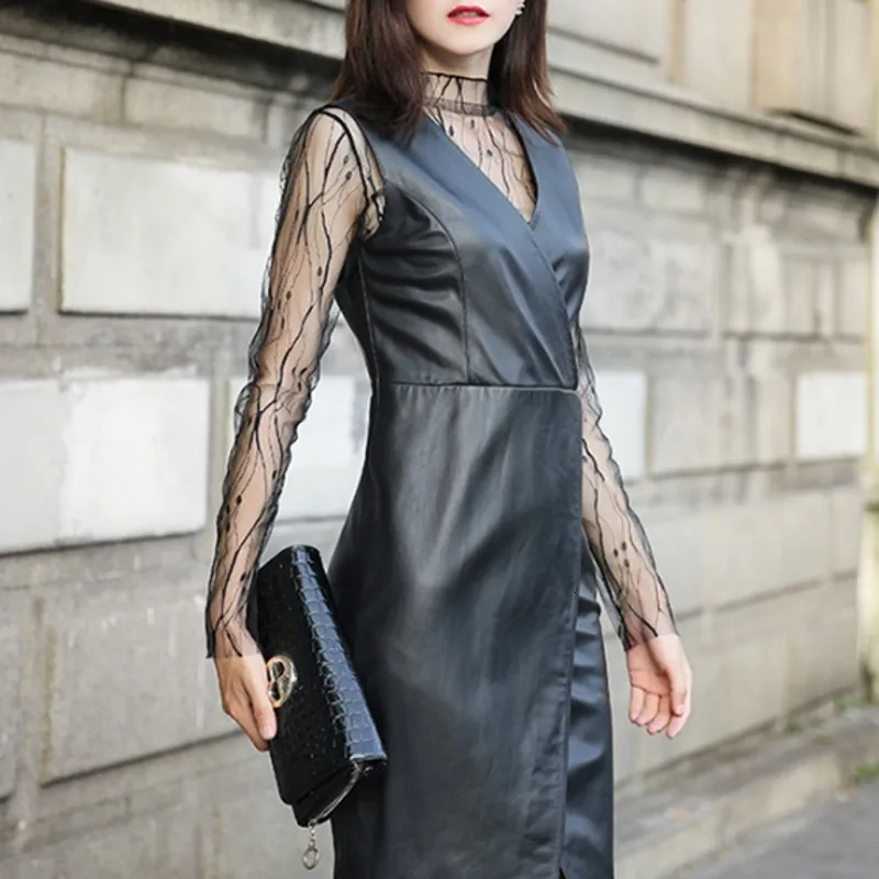 Sexy Kant V-hals 100% Real Leather Dress Vrouwen Chic Onregelmatige Split Mouwloze Jurk Vrouwelijke Streetwear Kantoor Een Woord Vestidos Sexy Kant V-hals 100% Real Leather Dress Vrouwen Chic Onregelmatige Split Mouwloze Jurk Vrouwelijke Streetwear Kantoor Een Woord Vestidos