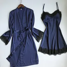 Осенняя Женская атласная ночная рубашка, комплекты из 2 предметов, ночная рубашка, халат, женское атласное кимоно, банное платье, одежда для сна, темно-синие халаты, костюм