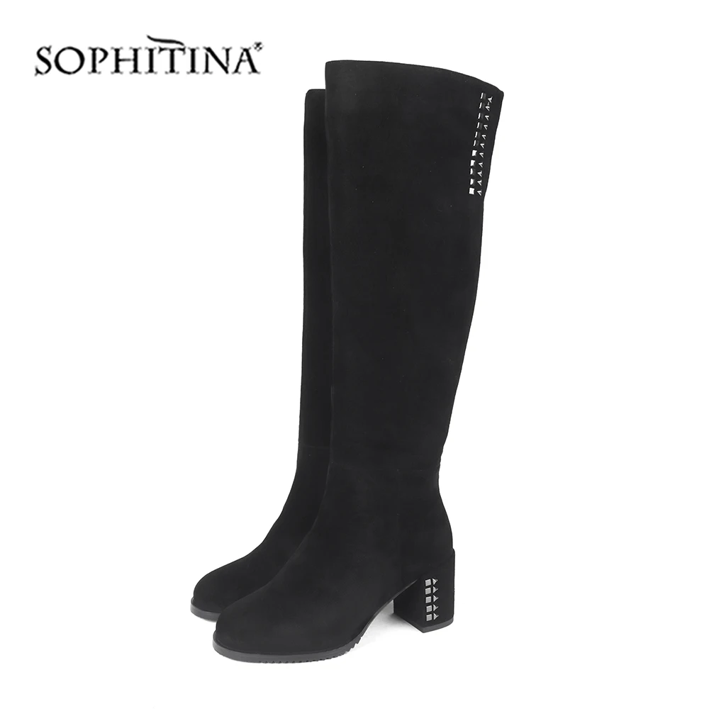 SOPHITINA/женские ботинки модная Высококачественная Женская замшевая обувь с металлическим украшением на квадратном каблуке теплые сапоги до колена PC206