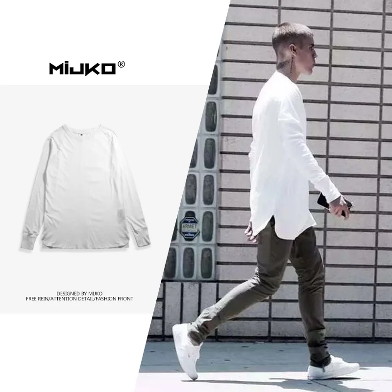 

Mijko Men'S Wear High Street Mid-length Arc Slit Hemline at Hem Solid Color Fog Base Shirt Loose-Fit Long-sleeved T-shirt Autumn