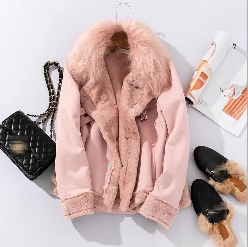 Pink Women Leather Jackets Winter Suede Leather Jacket Women Short Lamb Wool Motorcycle Jacket Thick Lambs Fur Warm Coat - Цвет: Pink