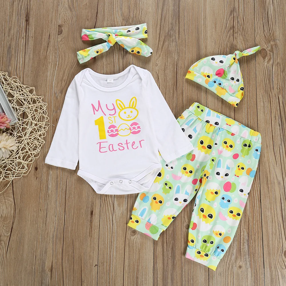 Г. Комбинезон для маленьких девочек с принтом «My 1st Easter»+ штаны+ шапка+ повязка на голову, комплекты из 4 предметов комплект детской одежды