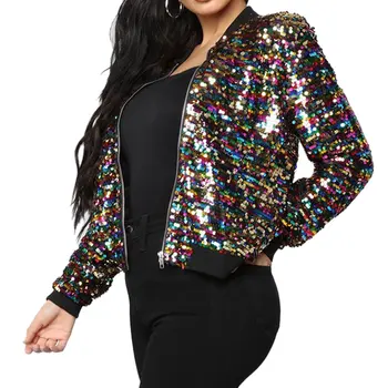 

Women Bomber Jacket Colorful Sequin Glitter Bling Bling Long Sleeve Zipper Cool Street Club Wear Spring Autumn Outwear 2020