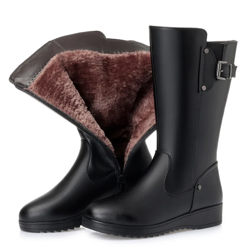 Fujin/зимние ботинки с шерстяной подкладкой; женская модная теплая обувь на меху; обувь на плоской подошве из натуральной кожи; Плюшевые ботинки на высоком каблуке; женские зимние ботинки на платформе