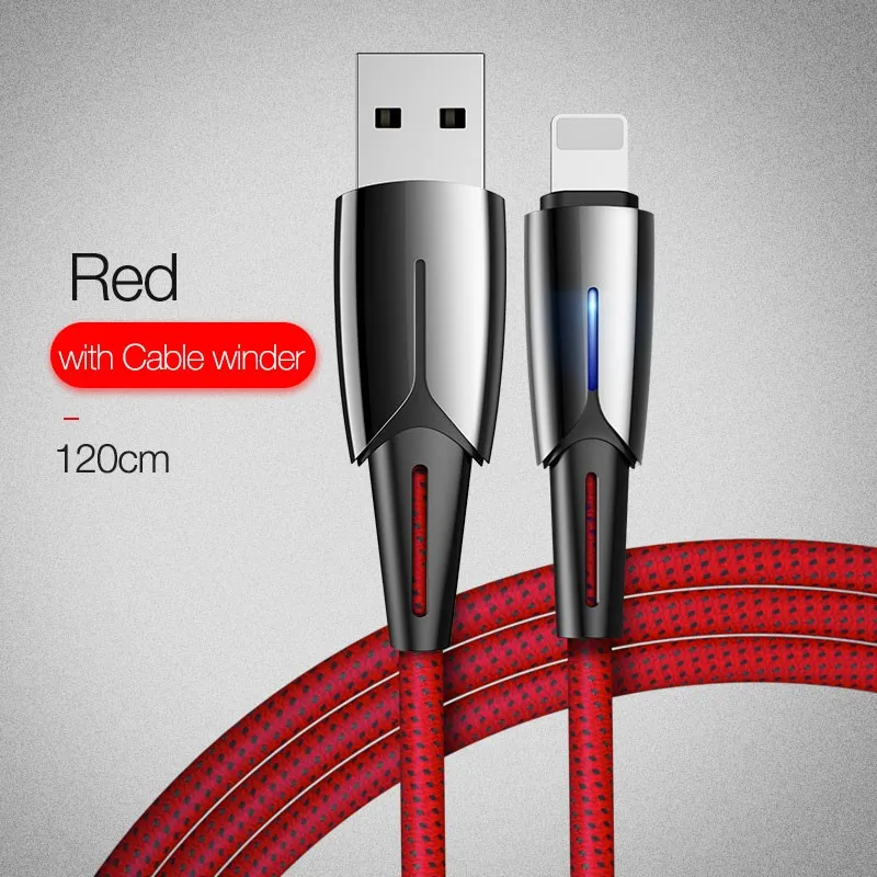 120cm red Cafele 2A Быстрая зарядка USB кабель для iPhone Xr X XS Max Быстрая зарядка оплетка w/светодиодный кабель для Apple iPhone XSMAX IOS 12 10 - Цвет: 120cm red