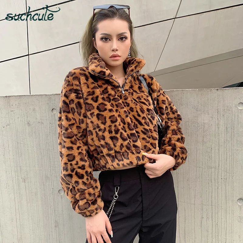 

SUCHCUTE Wool Women Fur Jacket Warm Modis Leopard Print Autumn Winter 2019 Sweatshirts Casual Futerko Kurtka Damska Manteau Tops