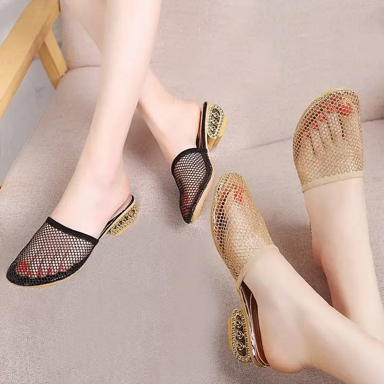 

JUNSRM 2020 Spring Summer Women's Slippers Female Middle Fashion Woman Thick Hollow Mesh Sandals Slip Simple Slippers Plus Size