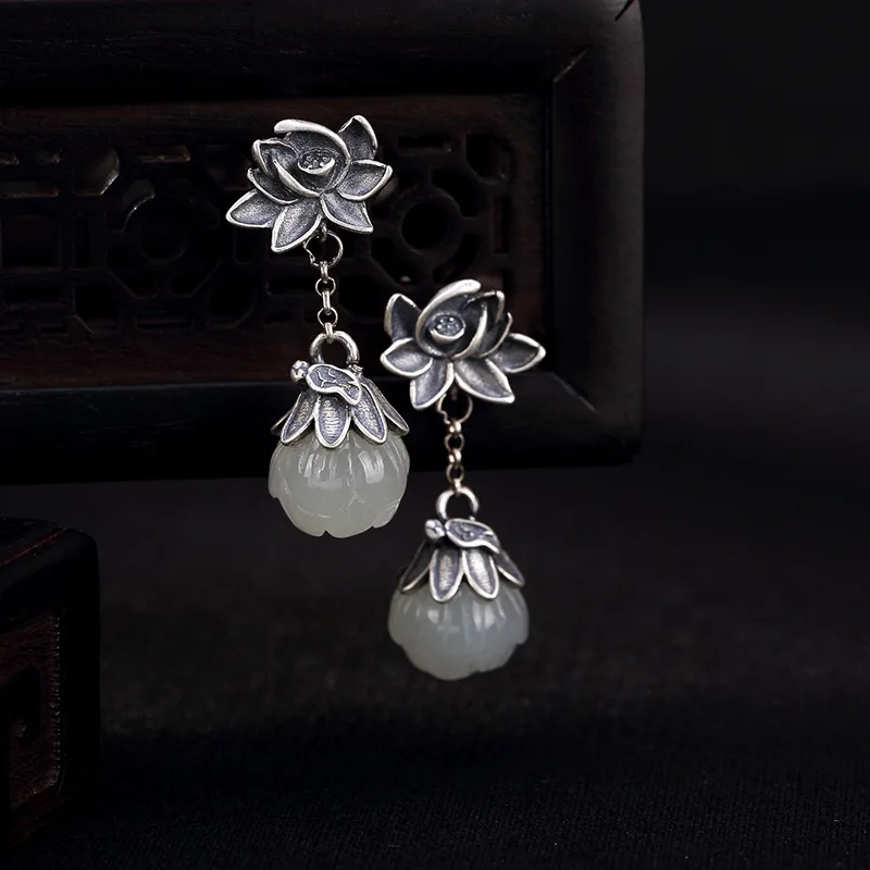 Amxiu Silber Vintage Lotus Ohrringe natürliche Jade Anhänger Ohrringe hand gefertigte Tropfen Ohrringe – Detail 1