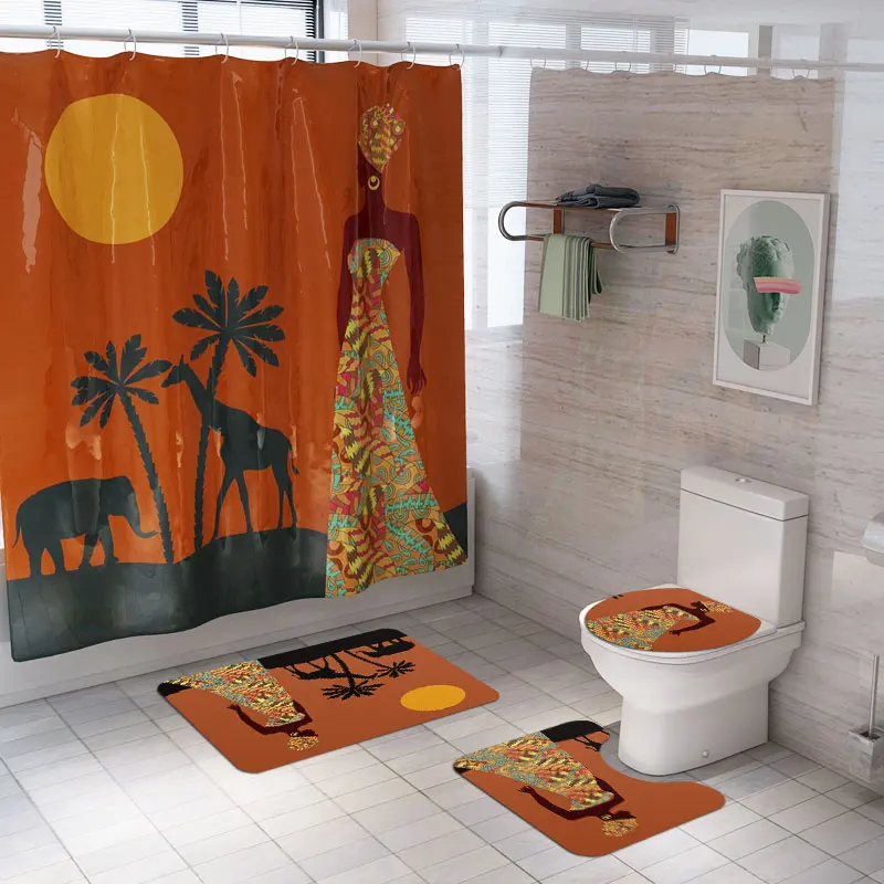 

4pcs set africa women bathroom curtains + non-slip bath mat + rug mildewproof bath screen for bathroom living room decor DW037