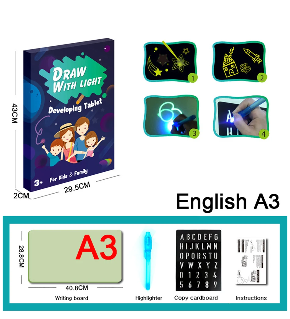 Волшебный светодиодный световой доска для рисования с флуоресцентная ручка для рисования граффити планшет для рисования неограниченное количество Применение живописи для детей - Цвет: English A3