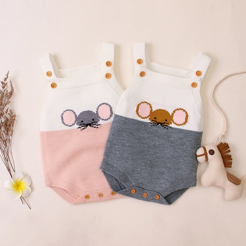 

2019 Cute Mouse Knit Rompers Children's Winter Baby Girls Sleevless Rompers Outfit Clothes Newborn Toddler One-pieces Jumpsuit
