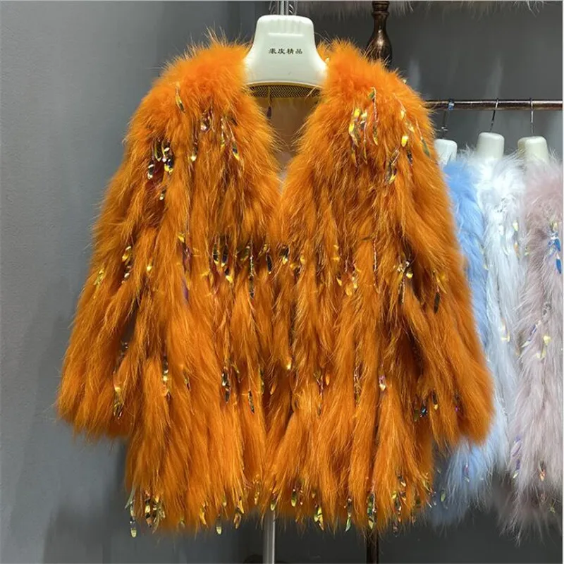 

Length 75cm Natural real raccoon fur Coat Women's Top Fashion Knitted white raccoon fur Coat sequins tassel decorection