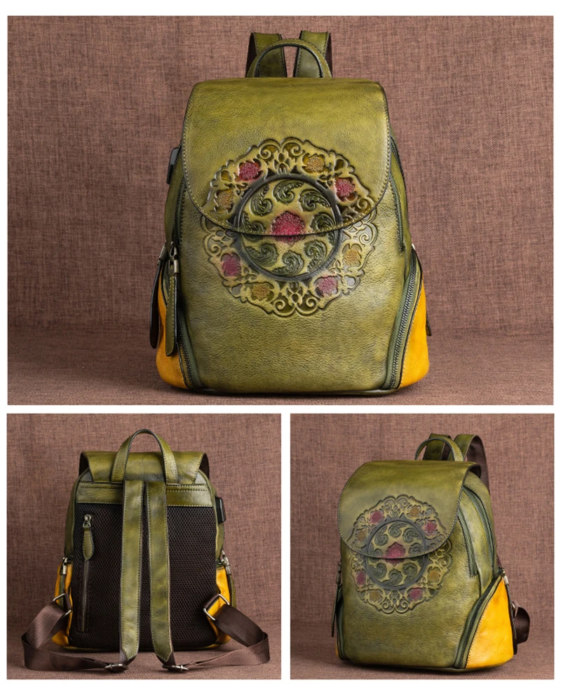 US $57.19 First Layer Cowhide Backpack Rucksack With USB Charging Port Genuine Leather Lady Female School Book Bag Daypack Knapsack