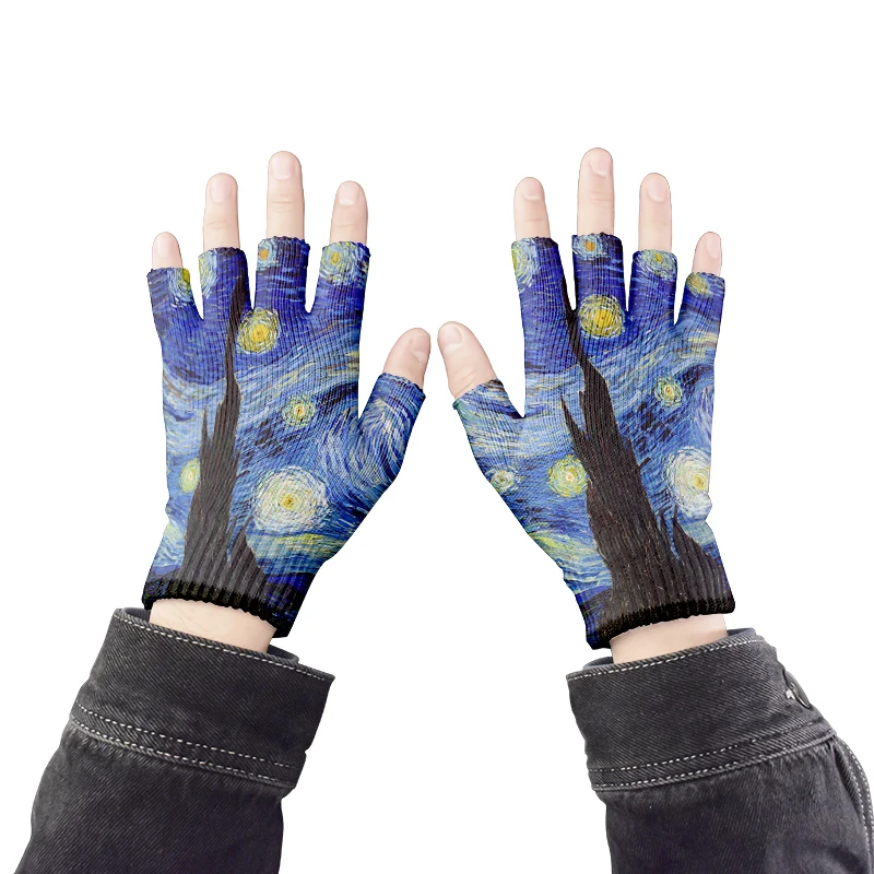 Van Gogh Oil Painting Half Finger Gloves Warm Women Knitted Fingerless Gloves Work Sports Non-Slip Sunflower Starry Night Gloves