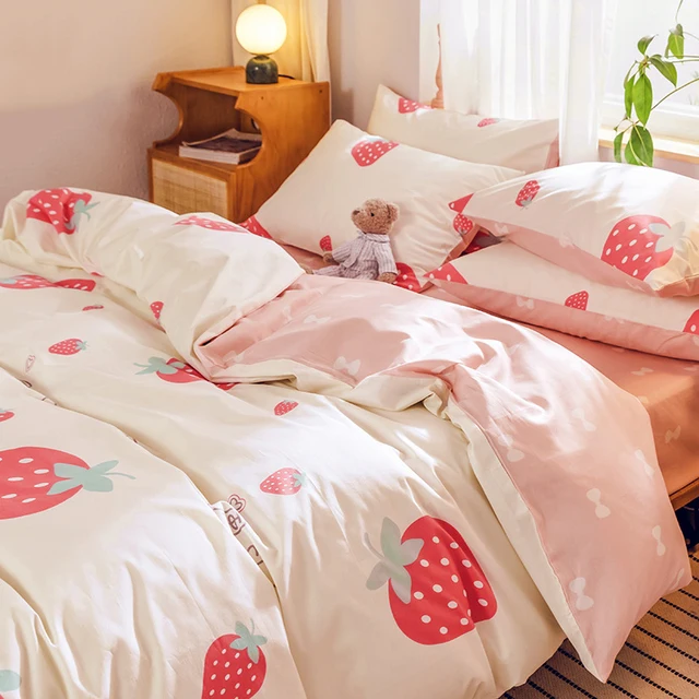 Kawaii Duvet Cover Comfortable Cotton Pink Bed Set Kawaii Store